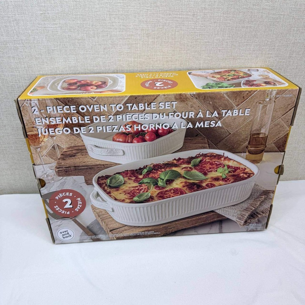 Over and Back 2 Piece Oven to Table Stoneware Baker Set White Ribbed New